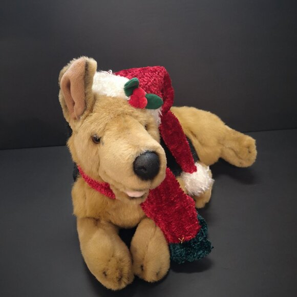 German Shepard Tan & Black Laying Stuffed Plush w/ Hat & Scarf Airbrushed 18" - Picture 4 of 8